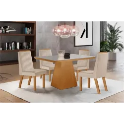LJ MESA PRADA 120X80 4 CADEIRAS RIVIERA CREME TEC 164 CASTANHO/CINAMOM