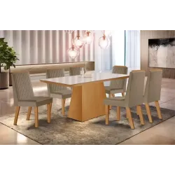 LJ MESA PRADA 180X90 6 CAD. RIVIERA TEC. 163 CINAMOMO VIDRO OFF WHITE