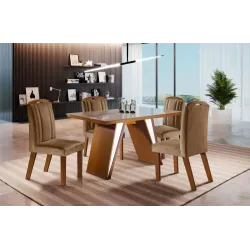 LJ CONJUNTO MESA RAVENA 4 CADEIRAS 120X80 CASTANHO VIDRO OFF TECIDO 16